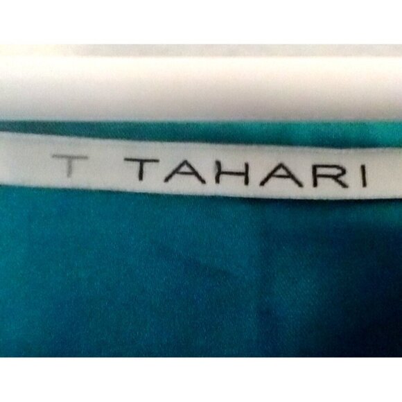 Tahari Satin Blouse Top Turquoise Print V-Neck Peplum Waist Side Zip - XL  NWT - Picture 5 of 8